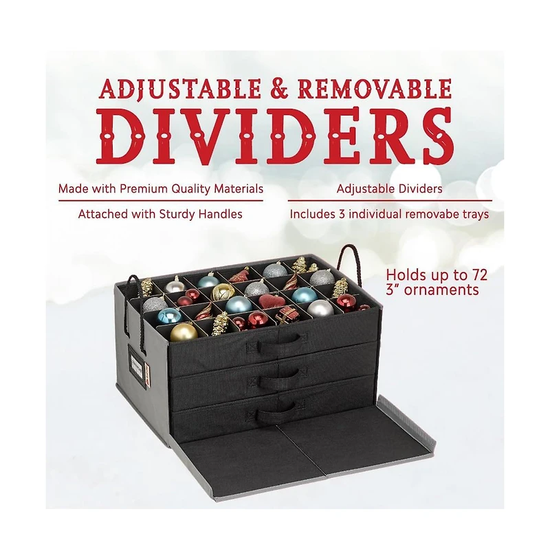 Christmas Ornament Storage Box with Dividers and 3 Removable Trays Stores up to 72-3" Ornaments