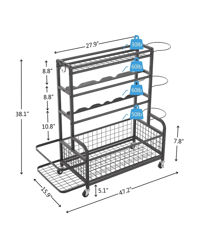Streamdale 4-Tier Metal Sports Gear Organizer with Rolling Wheels
