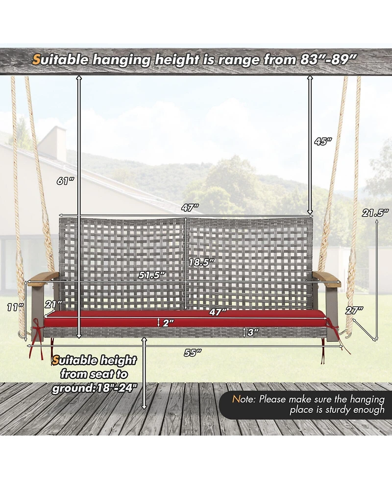 Sugift 2-Person Patio Wicker Hanging Swing Chair