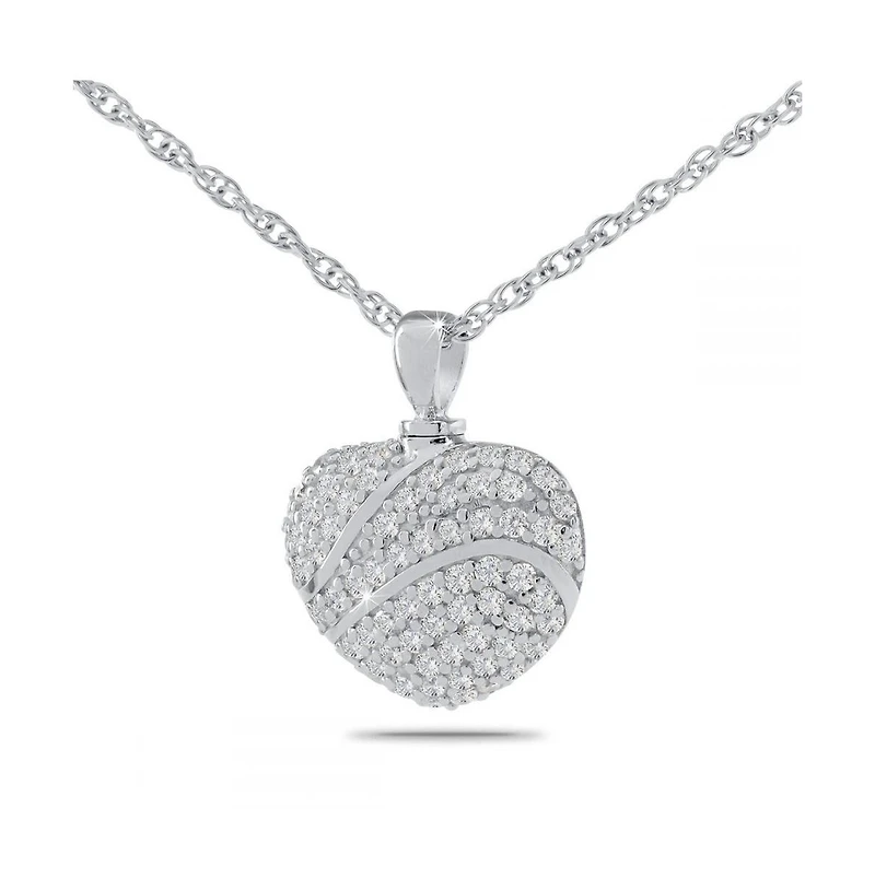 Sterling Silver .925 Cremation White Stone Heart 1 inch Pendant with 18 inch Necklace