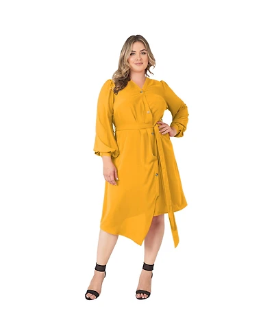Standards & Practices Plus Asymmetrical Hem Button-Up Wrap Lantern Sleeve Dress