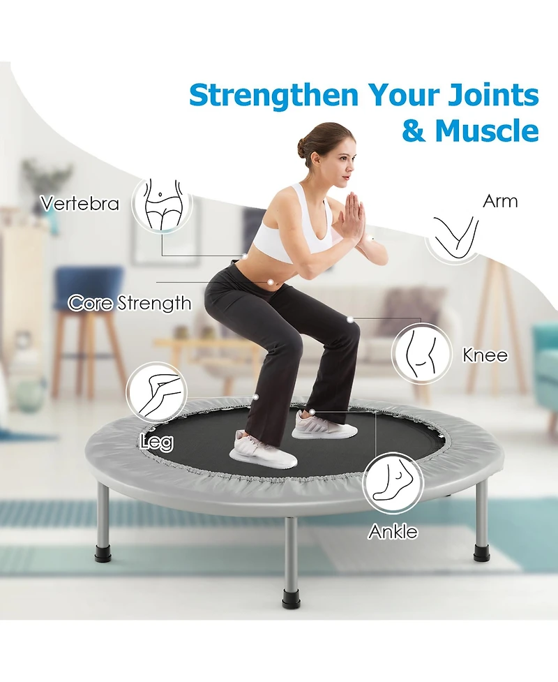 Gymax 38'' Folding Mini Trampoline Fitness Rebounder w/ Safety Pad Silver & Black