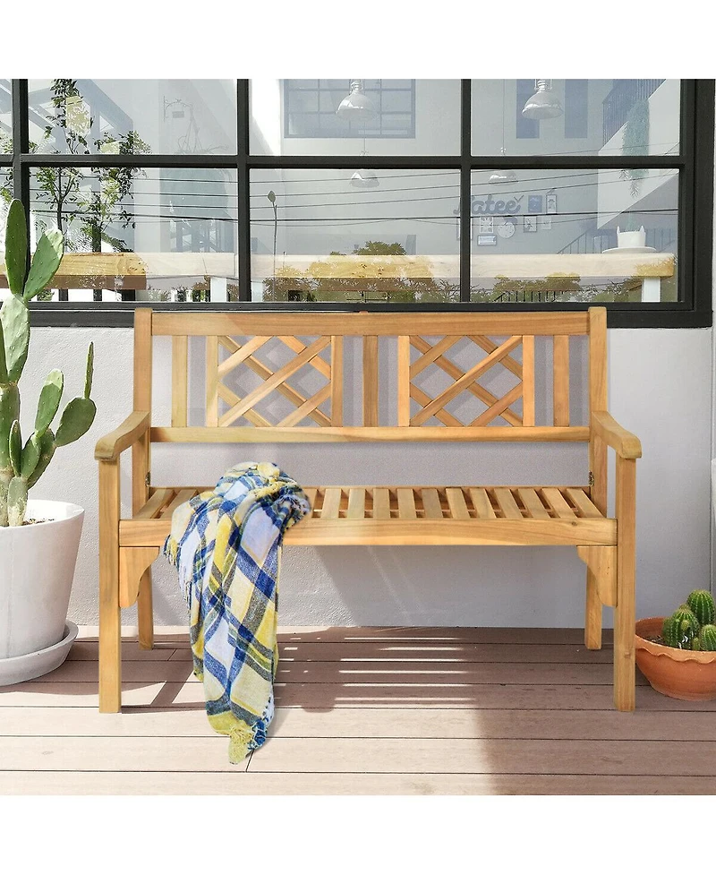 Sugift Patio Foldable Bench with Curved Backrest and Armrest