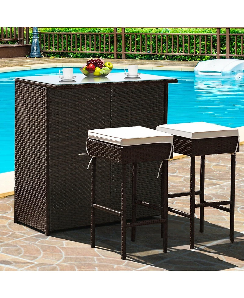 Sugift 3-piece Rattan Wicker Bar Table Stools Dining Set Cushioned Chairs