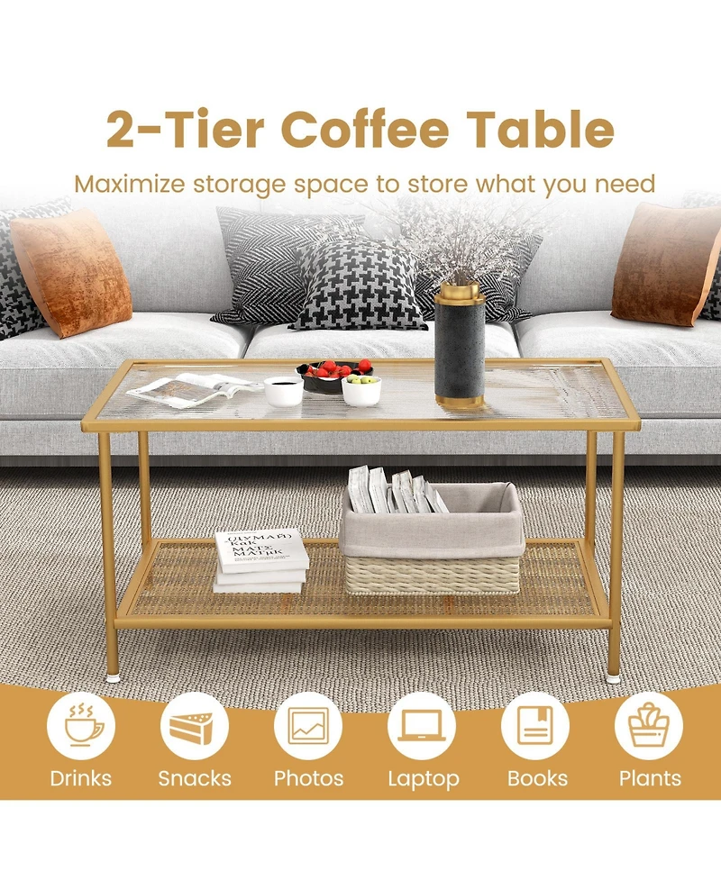 Givimo 2-Tier Coffee Table with Shelf Center Tea Table with Tempered Glass Top
