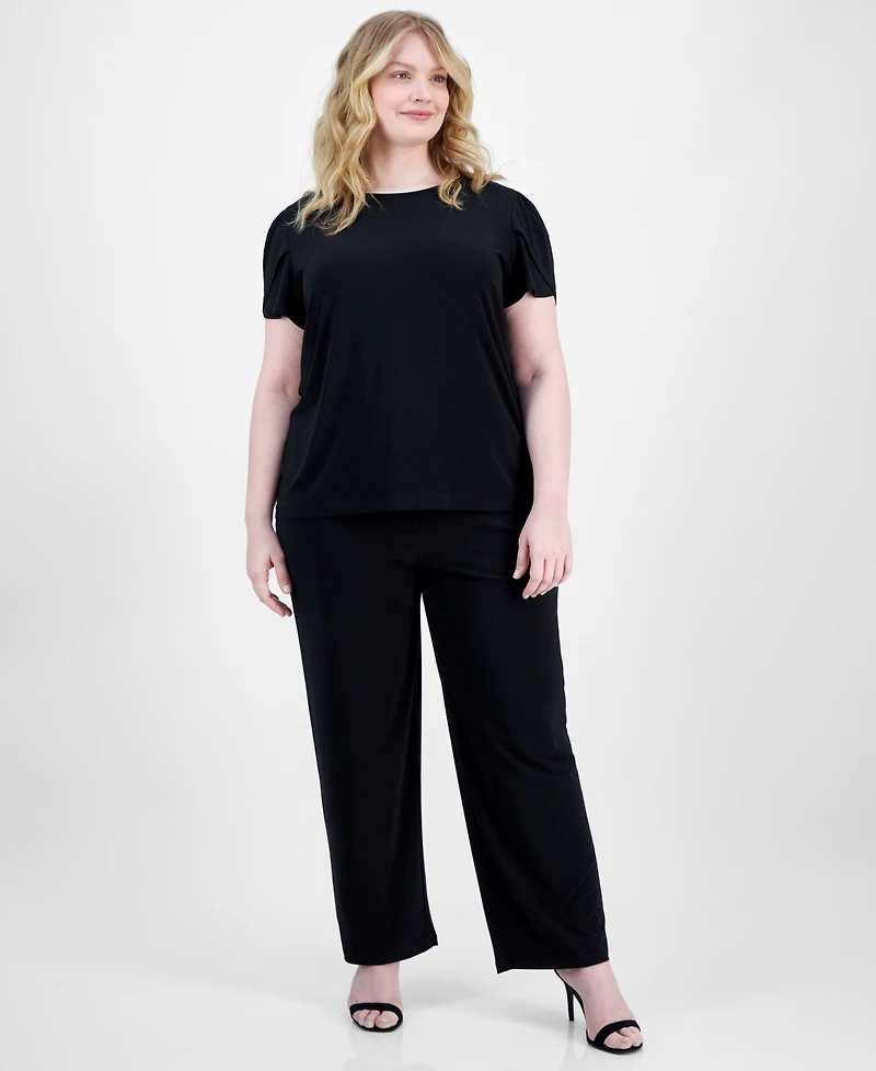 Ak Anne Klein Plus Solid Tulip-Sleeve Crewneck Top