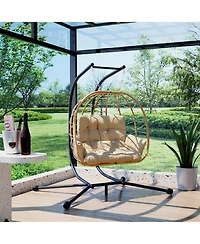 Pamapic Outdoor 2-Person Hanging Wicker Double Egg Porch Swing Chair with Stand and Beige Cushion