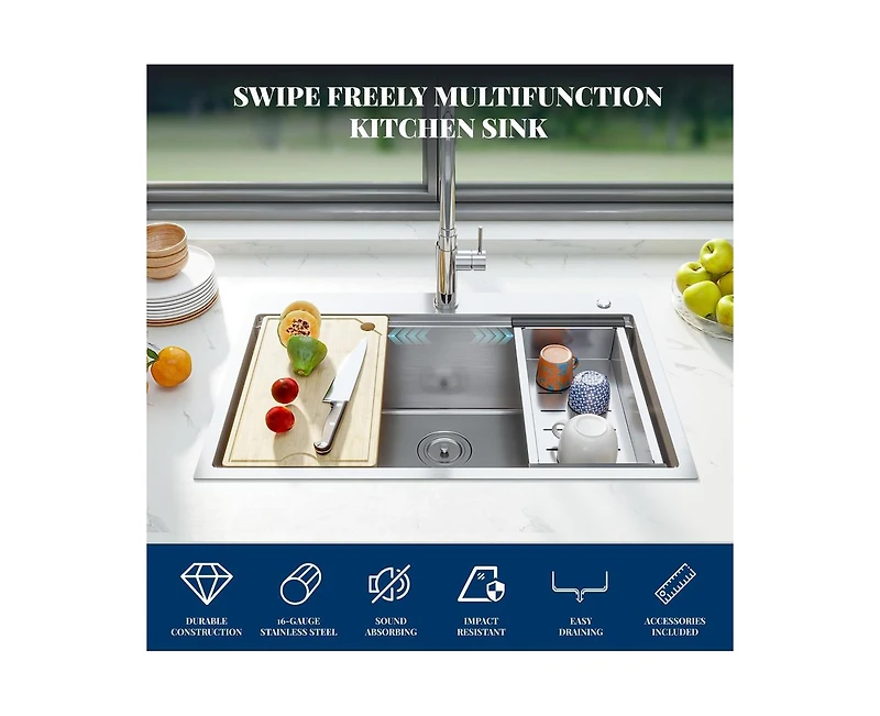 gaomon Kitchen Sink, Inch Brushed Nickel Topmount Kitchen Bar Sink with Single-tier Track, Stainless Steel 16 Guage Single Bowl Kitchen Sinks