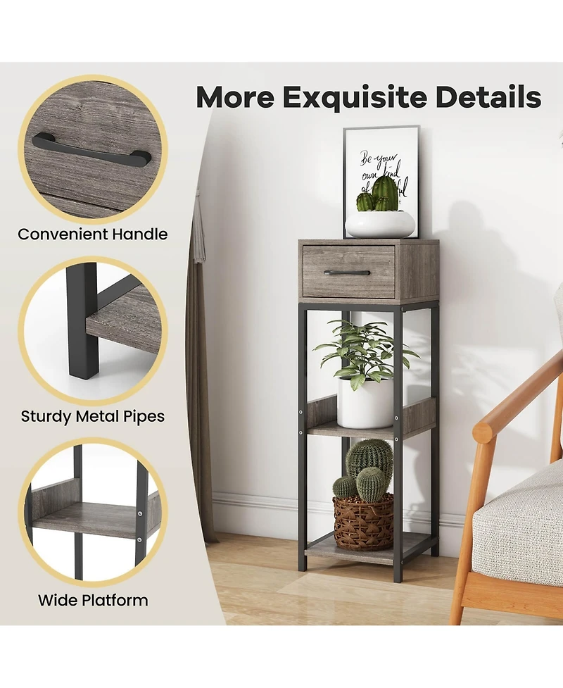 Costway 1 Pack 3 Tier Indoor Tall Plant Stand with Drawer Anti-tipping Devices Display Shelf