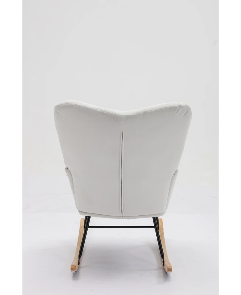 Mid Century Modern Velvet Tufted Upholstered Rocking Chair Padded Seat for Living Room Bedroom, White