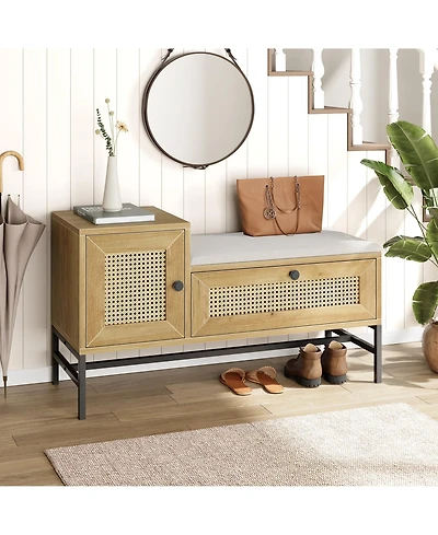 gaomon Rattan Shoe Bench with Linen Seat Cushion, Entryway Bench with Storage Cabinet, Wooden Storage Bench