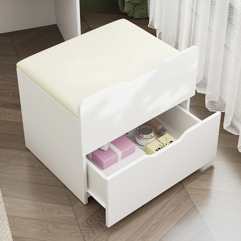 Glass Top and Led Mirror Makeup Vanity Table Set, 3 Draws Dresser,Bedside Table