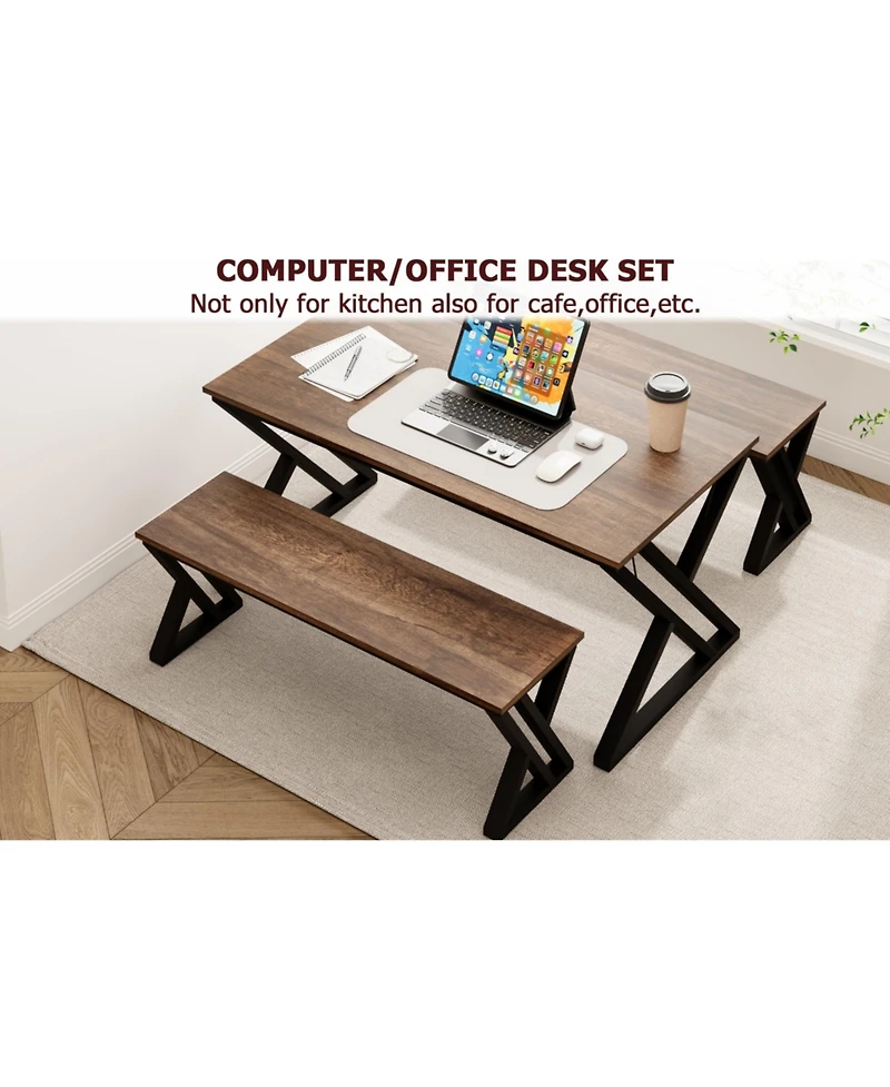 gaomon 55” Dining Table with Benches, Kitchen Table Set for 4-6, Rectangular Dining Room Table Set with Sturdy Metal Frame