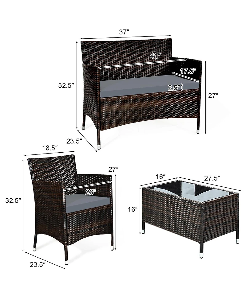 Sugift 4 Pieces Comfortable Outdoor Rattan Sofa Set with Glass Coffee Table-Gray