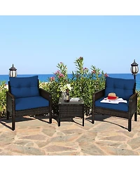 Sugift 3 Pieces Outdoor Patio Rattan Conversation Set with Seat Cushions-Navy