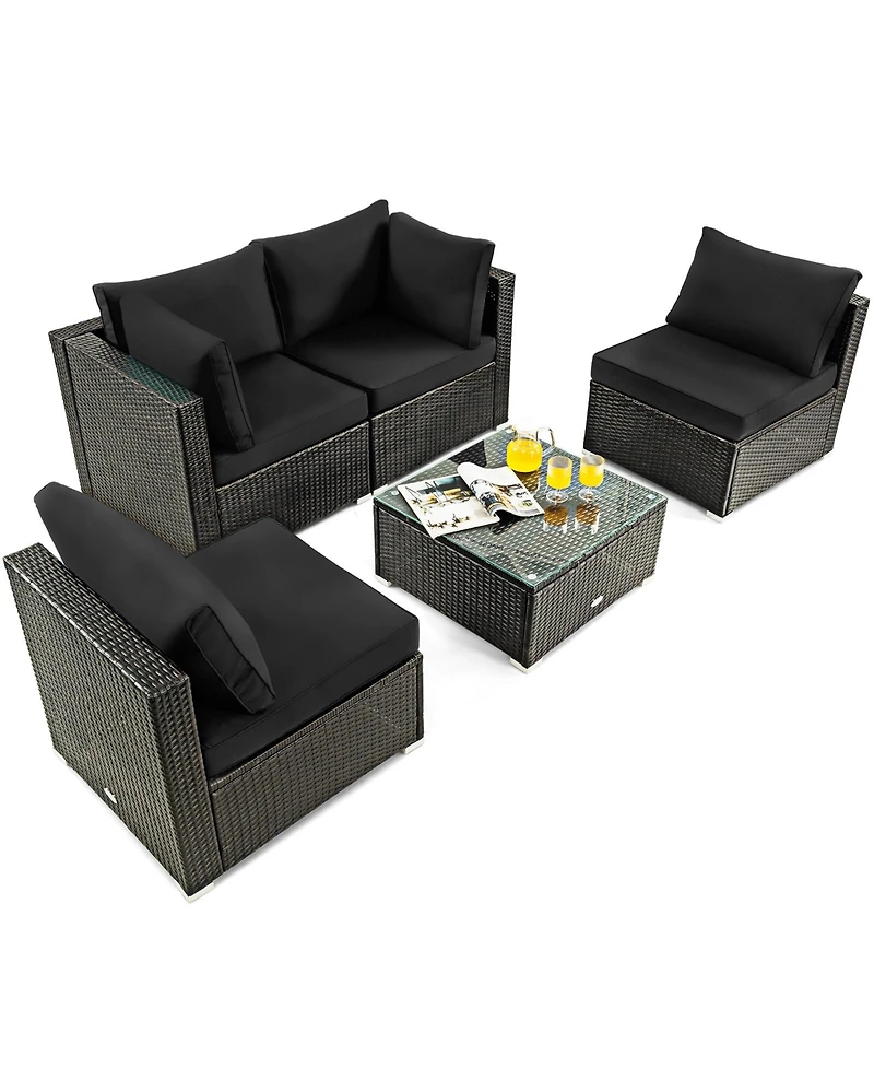 Sugift 5 Pieces Cushioned Patio Rattan Furniture Set with Glass Table-Black