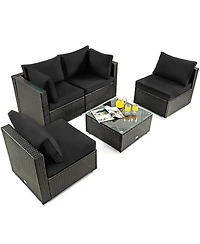 Sugift 5 Pieces Cushioned Patio Rattan Furniture Set with Glass Table-Black