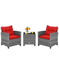 Sugift 3 Pieces Outdoor Wicker Conversation Set with Tempered Glass Tabletop-Red