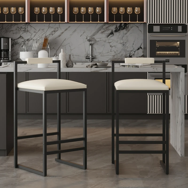 Streamdale Furniture Set of 2 Barstools Faux Leather Upholstered Bar Stools Modern Metal Frame Dining Chairs for Counter, Kitchen Island (Beige