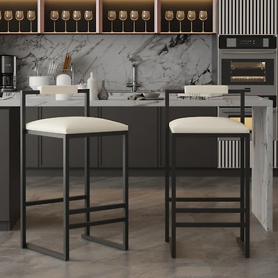 Streamdale Furniture Set of 2 Barstools Faux Leather Upholstered Bar Stools Modern Metal Frame Dining Chairs for Counter, Kitchen Island (Beige