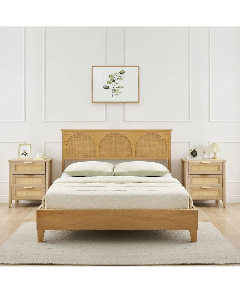 gaomon Nightstand, Rattan End Table, Nightstands with 3 Natural Rattan Drawers, Strong Support Wooden Structure, Side Table