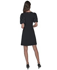 Karl Lagerfeld Paris Women's Scuba Crepe Sheath with Neckline Pearl Bow Details Dress
