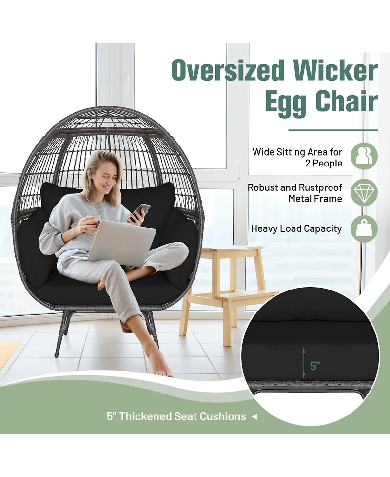 Sugift Oversized Indoor Wicker Egg Chair with Sturdy Metal Frame for Patio-Black