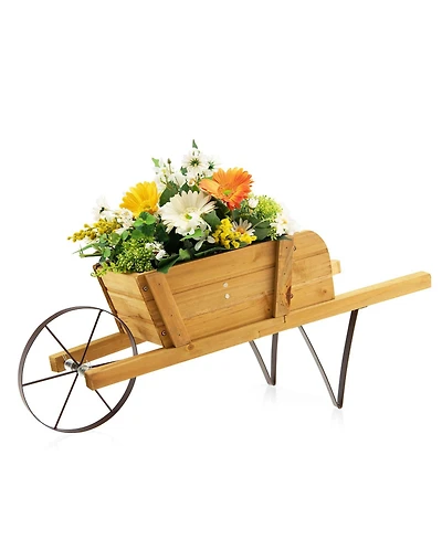 Sugift Wooden Wagon Planter with 9 Magnetic Accessories for Garden Yard-Walnut