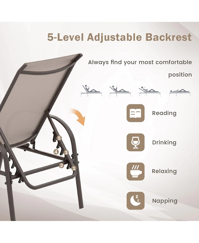 Sugift 2 Pcs Outdoor Patio Lounge Chair Chaise Fabric with Adjustable Reclining Armrest-Brown