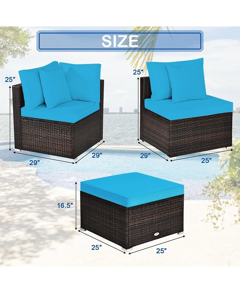 Sugift 4 Pcs Ottoman Garden Deck Patio Rattan Wicker Furniture Set Cushioned Sofa-Turquoise