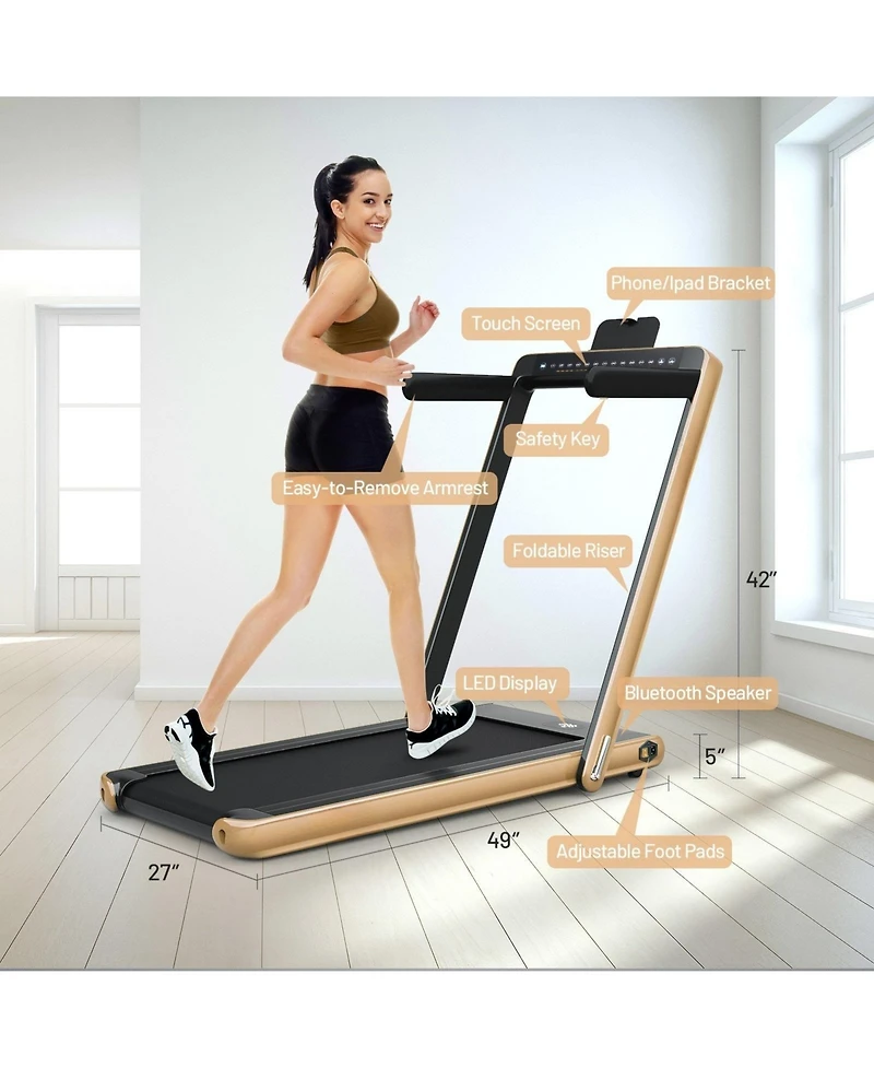 Hongge 2-in-1 Electric Motorized Health and Fitness Folding Treadmill with Dual Display and Speaker-Yellow