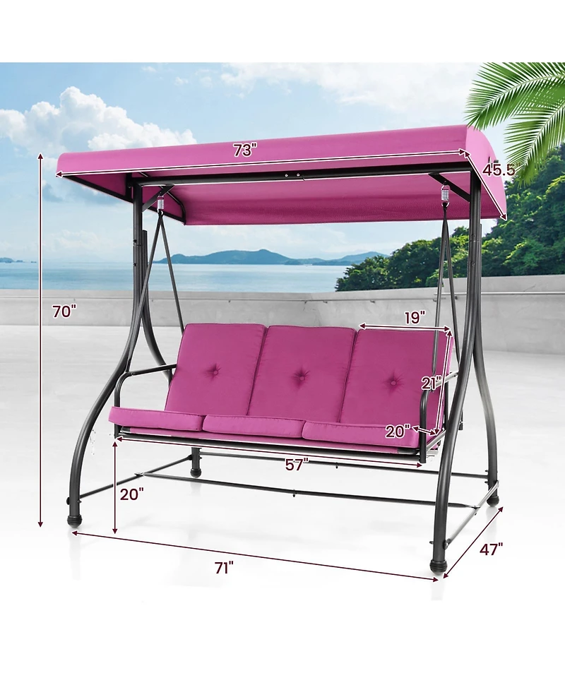 Sugift 3 Seat Outdoor Porch Swing with Adjustable Canopy-Wine