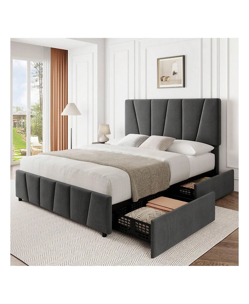 gaomon Bed Frame With Storage Drawers And Headboard, Upholstered Platform Bed Frame With Wooden Slats Support