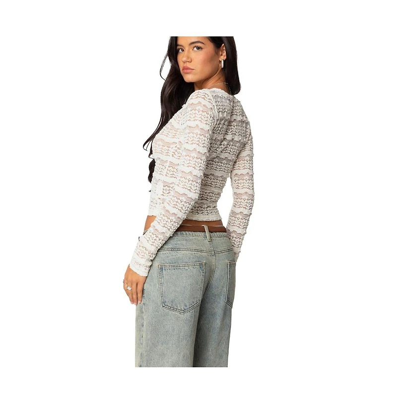 Edikted Womens Daisey Textured Sheer Lace Top