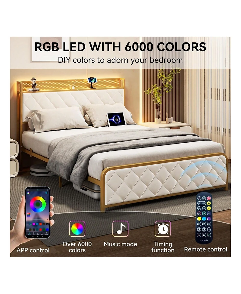 gaomon Full/Queen/King Size Bed Frame, Storage Headboard With Charging Station, Platform Bed With Velvet Backrest, No Box Spring Needed, Easy Assembly