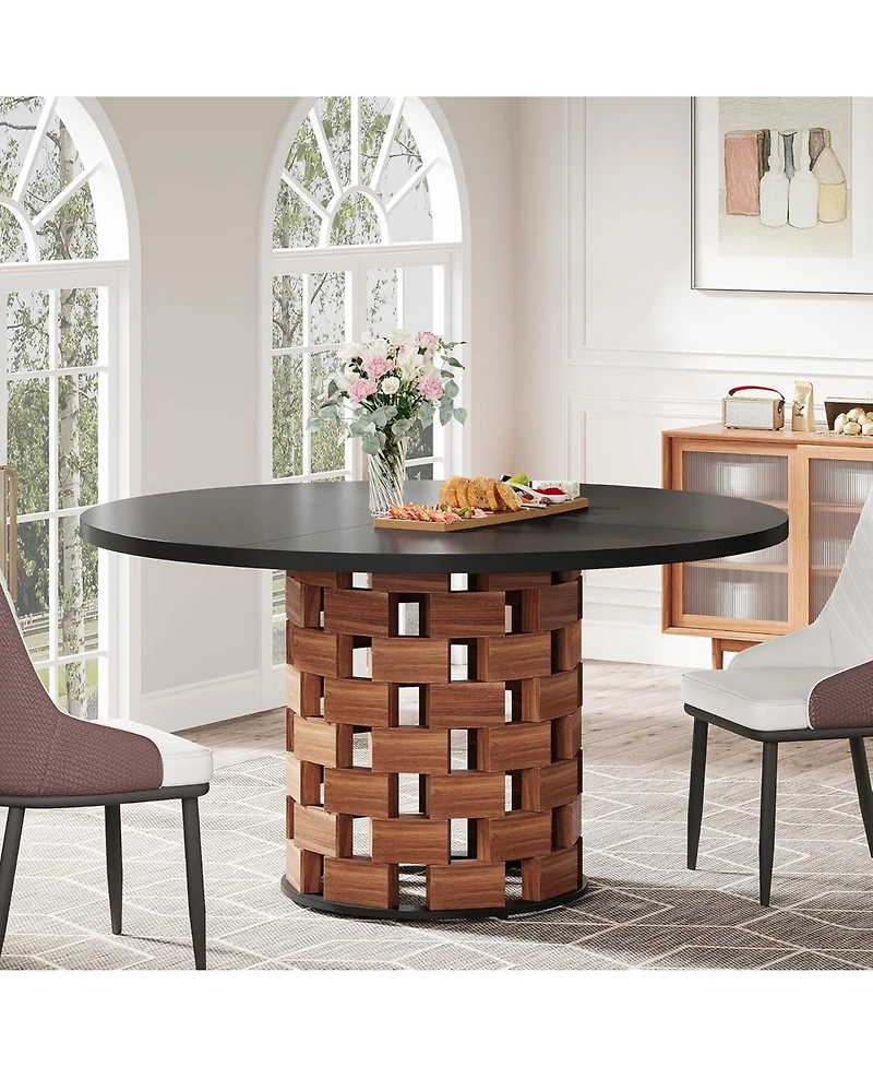 Tribesigns Round Dining Table for 4-6 People, 47-Inch Dining Table Farmhouse Kitchen Table, Dining Room Table with Wood Rectangular Block Base, Circle