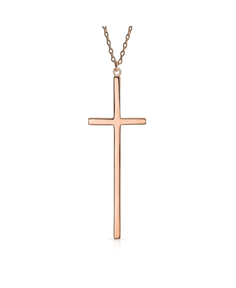 Bling Jewelry Modern Elongated Simple Basic Long Flat Thin Delicate Religious Latin Cross Pendant Necklace Rose Gold Plated .925 Sterling Silver