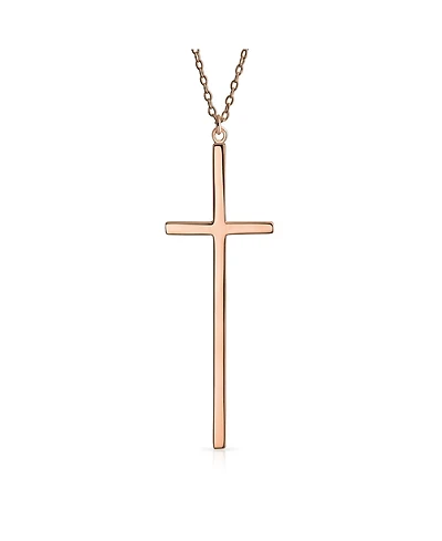 Bling Jewelry Modern Elongated Simple Basic Long Flat Thin Delicate Religious Latin Cross Pendant Necklace Rose Gold Plated .925 Sterling Silver