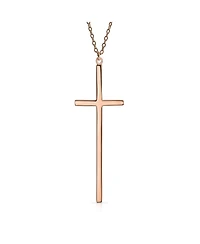 Bling Jewelry Modern Elongated Simple Basic Long Flat Thin Delicate Religious Latin Cross Pendant Necklace Rose Gold Plated .925 Sterling Silver