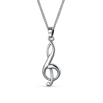 Bling Jewelry Simple Classic Singer Musician Teacher Student Treble Clef Music Note Pendant Necklace .925 Sterling Silver With Chain