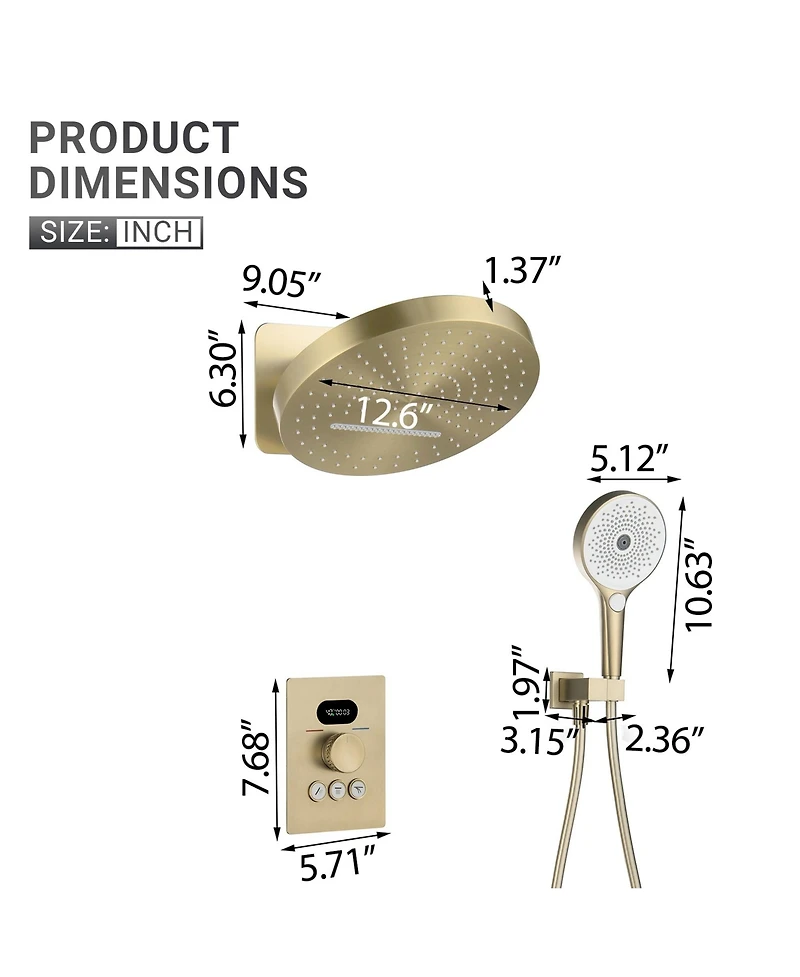 Mondawe Brushed Gold 3-Functiom Shower Faucet System Set with 12Inch Showe Head (Rough-in Value Included)