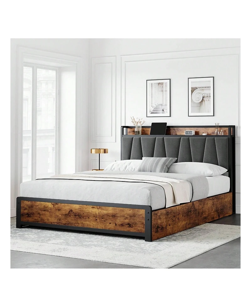 gaomon Bed Frame With 4 Storage Drawers And Linen Upholstered Headboard,Platform Bed Frame With Charging Station, No Box Spring Needed, Easy Assembly