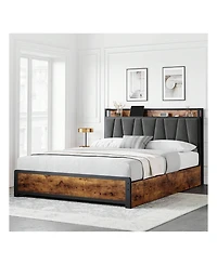 gaomon Bed Frame With 4 Storage Drawers And Linen Upholstered Headboard,Platform Bed Frame With Charging Station, No Box Spring Needed, Easy Assembly