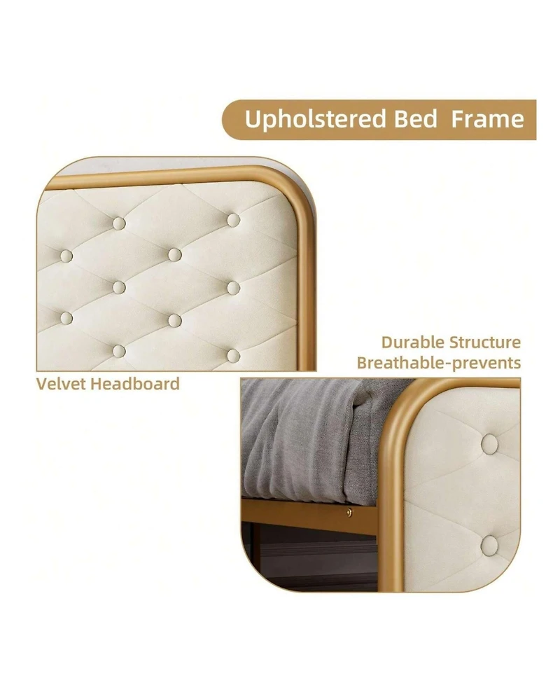 Gaomon Full/Queen/King Size Upholstered Bed Frame, Velvet Upholstery, Button Tufted Curved Headboard, Sturdy Metal Slats, Noise-Free Platform Bed