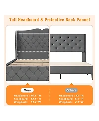 gaomon Bed Frame With Charging Station And 4 Storage Drawers, Velvet Upholstered Tall Tufted Wingback Headboard And Storage Shelf