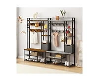 gaomon 5-in-1 Coat Rack, Hall Tree with Bench and Shoe Storage, Freestanding Entryway Bench with 5-Tier Open Shelves, Fabric Storage Basket and 12 Hoo