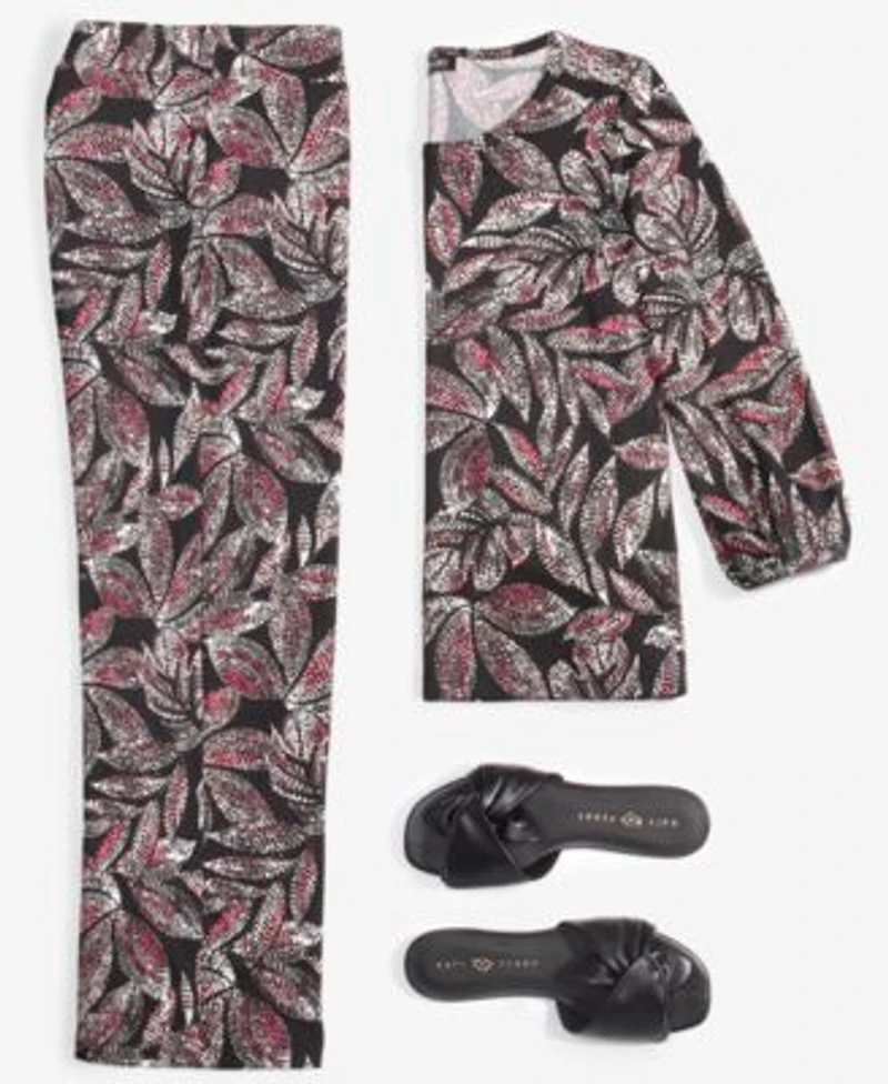 Jones New York Womens Printed Moss Crepe Button Shoulder Top Wide Leg Pull On Pants