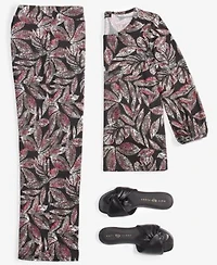 Jones New York Womens Printed Moss Crepe Button Shoulder Top Wide Leg Pull On Pants