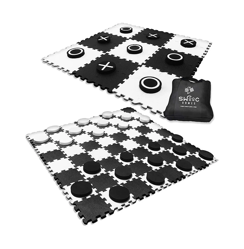 2-in-1 Premium Giant Checkers & Tic Tac Toe Game (4ft x 4ft) | Checkerboard High Density Eva Foam Mat & Pieces w/ Bag
