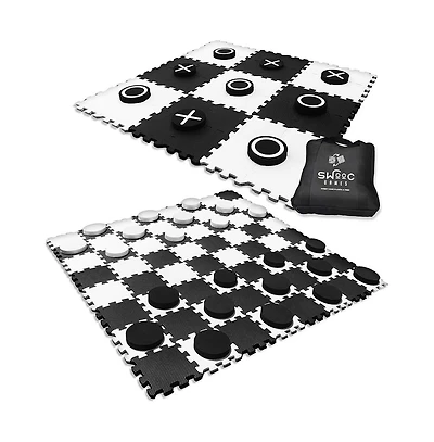 2-in-1 Premium Giant Checkers & Tic Tac Toe Game (4ft x 4ft) | Checkerboard High Density Eva Foam Mat & Pieces w/ Bag